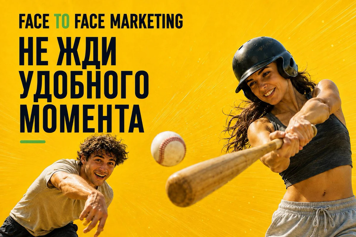 Постер F2F Marketing: девушка отбивает бейсбольный мяч, слоган «Не жди удобного момента».
